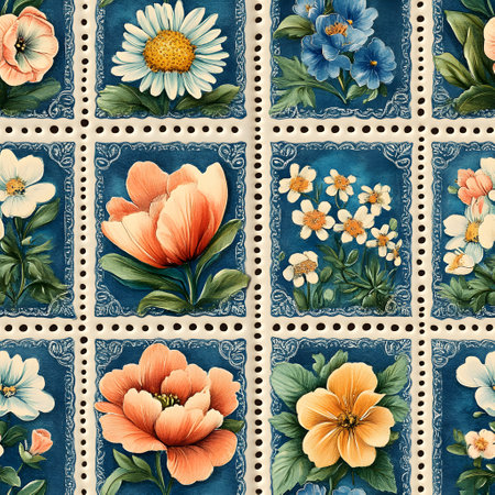 Seamless pattern featuring various colorful flowers arranged as vintage postage stamps, evoking a nostalgic botanical themeの素材