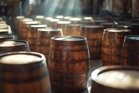 Many wooden barrels aging wine or whiskey in dark cellar of winery or distillery, with light beams shining throughの素材