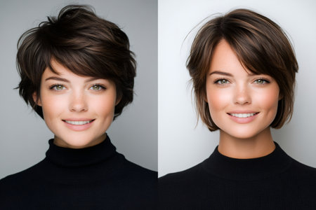 Before and after hair style of beautiful smiling woman wearing black turtleneckの素材