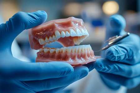Dentist examining a teeth model with dental instruments, providing dental care and prosthetics in a modern clinic settingの素材