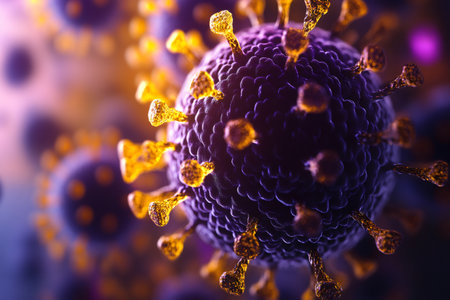 Microscopic view of a coronavirus highlighting its spikes and surface proteins, causing respiratory illnessesの素材