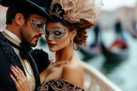 Couple wearing traditional Venetian masks posing romantically with gondolas in the backgroundの素材
