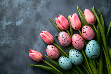 Pink tulips and colorful Easter eggs arranged on a dark background create a beautiful and festive spring displayの素材