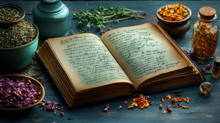 Open ancient book of herbal recipes surrounded by dried herbs and spices on rustic tableの素材