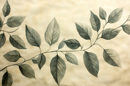 Detailed pencil drawing of leaves on a branch set against an aged, textured paper background, creating a vintage botanical illustrationの素材