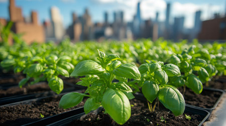 Lush basil plants thrive in a rooftop garden, offering a sustainable approach to urban farming against a backdrop of skyscrapersの素材