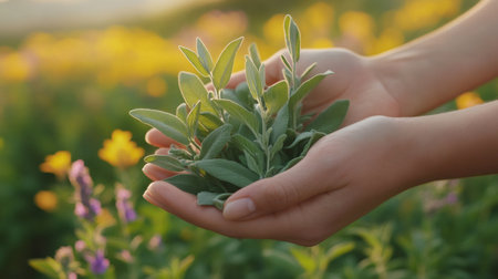 Hands holding a bunch of fresh sage leaves in a field of yellow and purple flowers at sunsetの素材
