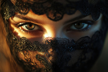Close up of captivating green eyes peering through intricate black lace veil, creating an aura of mystery and intrigueの素材