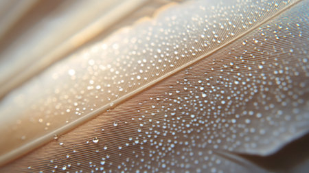 Macro photograph capturing the delicate beauty of a feather adorned with glistening water dropletsの素材