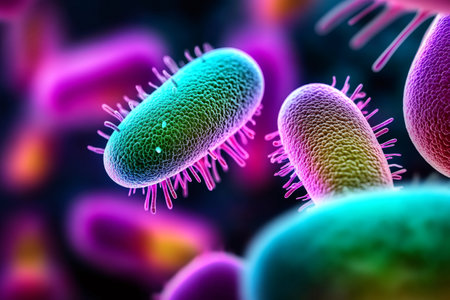 Microscopic view of colorful rod shaped bacteria highlighting cellular structures and fimbriae, useful for scientific or educational purposesの素材