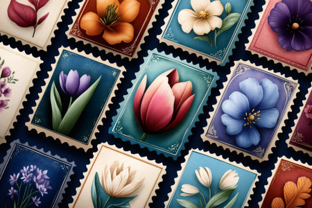 Vintage postage stamps depicting various colorful flowers, celebrating botanical beauty and philatelyの素材