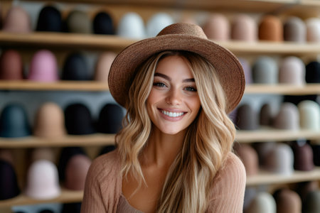 Portrait of a beautiful young smiling blonde woman wearing a brown hat in a hat shopの素材