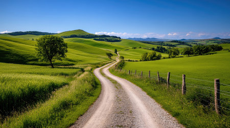 Scenic landscape featuring a winding country road amidst lush green fields and rolling hills on a sunny summer dayの素材