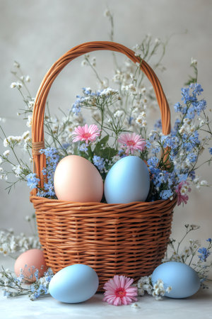 Wicker basket full of colorful Easter eggs and spring flowers, celebrating Easter holidaysの素材