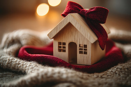 Miniature wooden house with a festive red bow, resting on a soft knitted blanket, evokes the warmth and joy of Christmasの素材