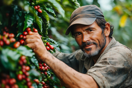 Portrait of a smiling farmer harvesting ripe coffee beans on a plantation in Latin Americaの素材