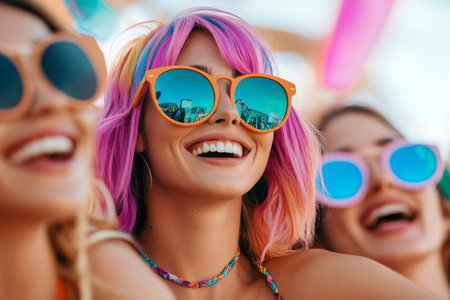 Happy friends with colorful hair and sunglasses are enjoying live music at a summer festivalの素材