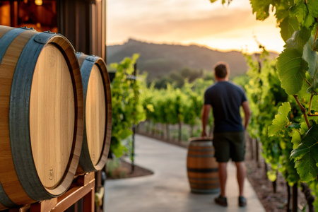 Winemaker transporting oak barrels along vineyard rows at sunset, showcasing wine production processの素材