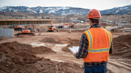 Construction supervisor monitoring earthmoving progress at a building site, ensuring efficient project managementの素材