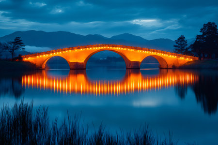 Scenic view of an illuminated bridge reflecting on calm water at twilight, with mountains and trees in the background, creating a tranquil and picturesque sceneの素材