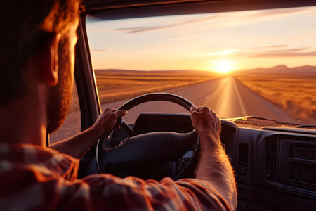 Truck driver driving into the setting sun on a long, straight country roadの素材