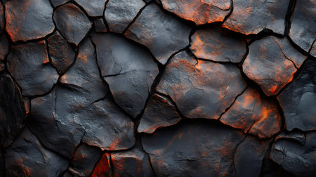 Close up view of a dark cracked rock surface forming an abstract pattern, ideal for backgrounds and texturesの素材