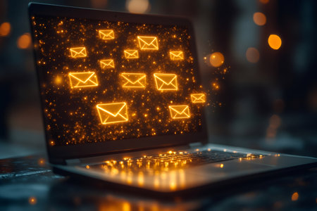 Open laptop displaying multiple luminous email icons against a dark, blurred backgroundの素材