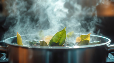 Bay leaves and peppercorns simmering in a pot on the stove, releasing fragrant steam, creating a cozy cooking atmosphereの素材