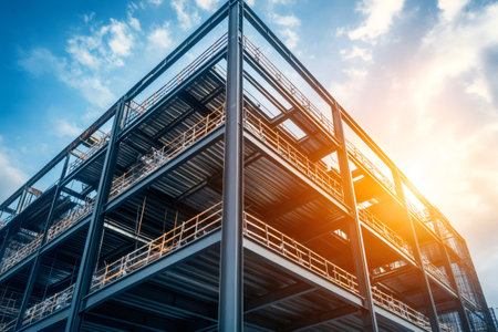 Modern building skeleton made of steel beams and girders under construction against a bright sunny skyの素材