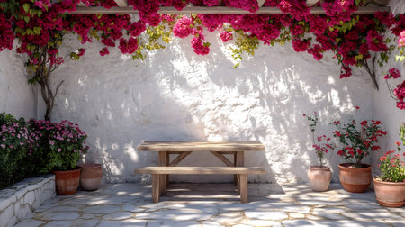 Blooming bougainvillea pergola shading a wooden table and bench in a Mediterranean patio with white wallの素材