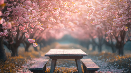 Fallen petals covering picnic table under blooming cherry trees in spring orchard during golden hour sunsetの素材