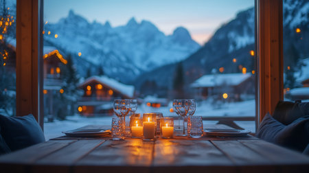 Romantic table setting with candles and wine glasses overlooking a snowy mountain village at duskの素材