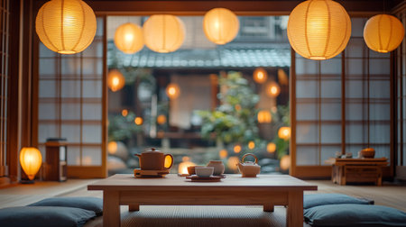 Tea set on a wooden table in a traditional Japanese tea room illuminated by many paper lanternsの素材