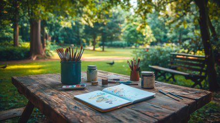 Watercolors, brushes, and an open sketchbook are arranged on a rustic wooden table in a serene park setting, inviting artistic inspirationの素材