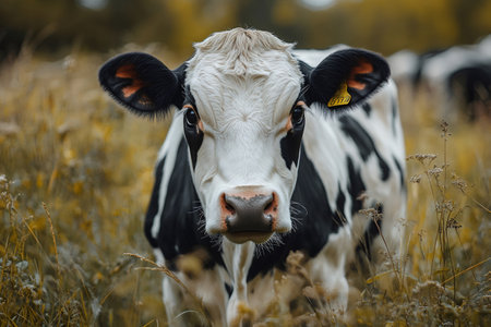 Black and white cow standing in a field during fall seasonの素材