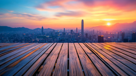 Wooden platform overlooking illuminated cityscape at sunset, creating a dramatic and scenic urban landscapeの素材