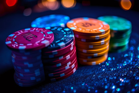Colorful casino chips stacked high on a glittering blue table create an exciting gambling atmosphereの素材