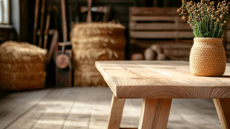 Wooden table with dried flowers in a wicker vase showing eco friendly rustic interior design with hay bales in blurred backgroundの素材