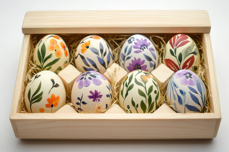 Eight beautifully decorated Easter eggs with floral motifs are nestled in a wooden box filled with strawの素材