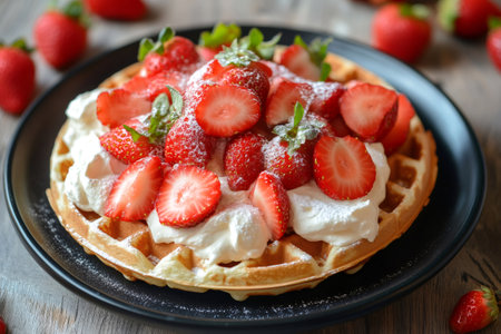 Round waffle lying on a black plate, decorated with whipped cream, fresh strawberries, and icing sugar, ready to be servedの素材
