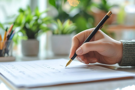 Woman taking notes using pen and paper, working at her desk in the officeの素材