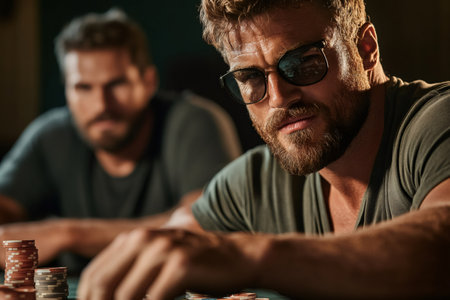 Gamblers with sunglasses and beard playing poker and betting chips in a casinoの素材