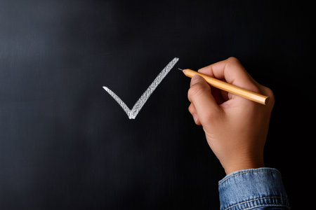 Close up of hand drawing check mark on blackboard with piece of chalkの素材