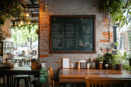 Empty tables and chairs in a restaurant with a blackboard menu and plants, creating a cozy and inviting atmosphereの素材