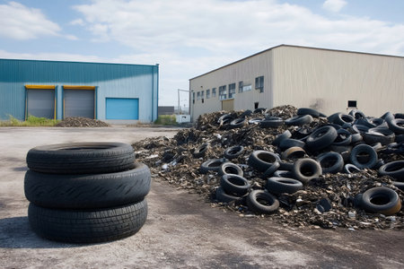 Stacked tires and a large pile of shredded tires sit outside a tire recycling centerの素材