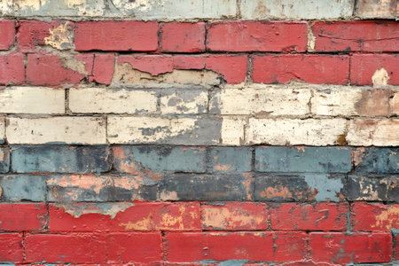 Weathered brick wall painted in red, white, and gray horizontal stripes, with peeling paint and visible cracksの素材