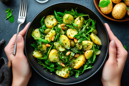 Woman enjoying a healthy potato salad with arugula, pine nuts, and olives, seasoned with herbs and spicesの素材