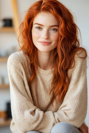 Studio portrait of a beautiful young woman with long, curly red hair, freckles, and a genuine smile, conveying confidence and happinessの素材
