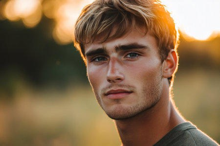 Portrait of a handsome blond man with blue eyes enjoying golden hour sunlight outdoorsの素材