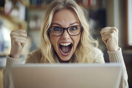 Excited businesswoman with clenched fists and open mouth celebrating success while working on a laptop at homeの素材